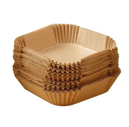 CleanBake Air Fryer Liners brown parchment, pleated edges, stacked fryer liners on Tampa Home & Garden Store