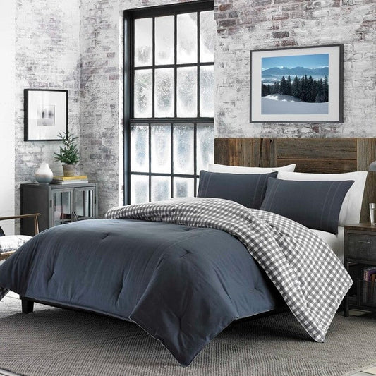 Full/Queen size 100% Cotton Reverse Plaid Gray/White Comforter Set - Tampa Home & Garden Store