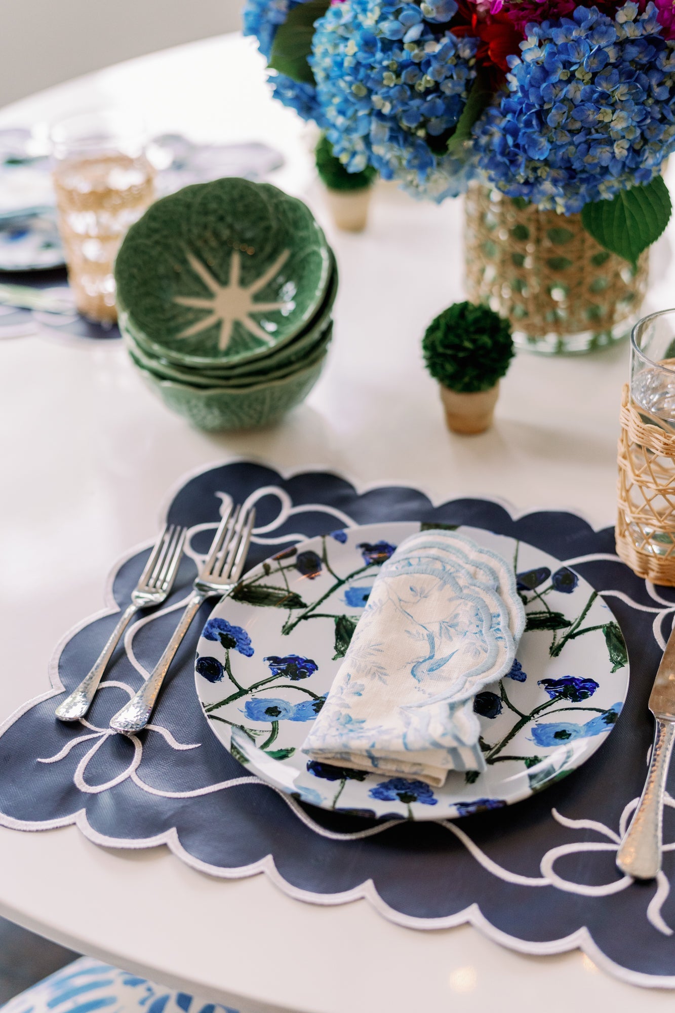 Set of Blue Posey China Plates by Erin Donahue Tice, blue floral pattern on white on Tampa Home & Garden Store