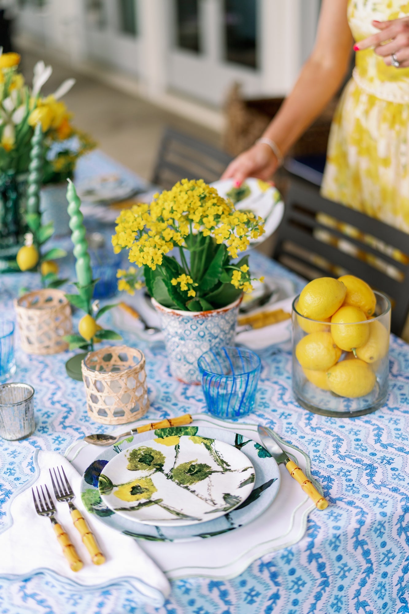 Lemon Posey china plate by Erin Donahue Tice with green-yellow lemon botanical motif on Tampa Home & Garden Store