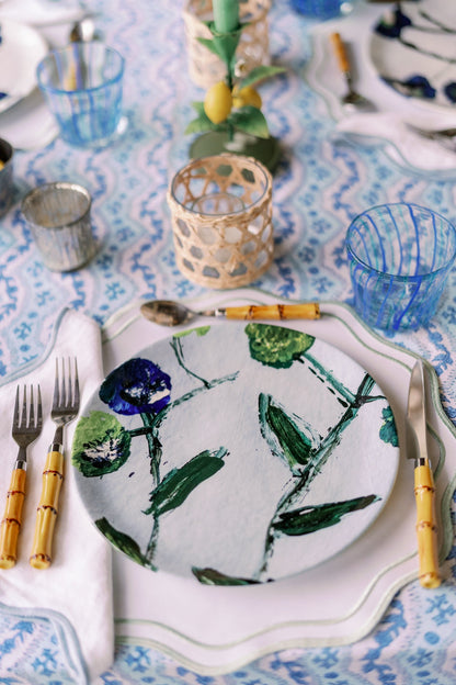 Posey china plates in blue and teal with a hand-painted floral motif, set of 4 or 8 on Tampa Home & Garden Store