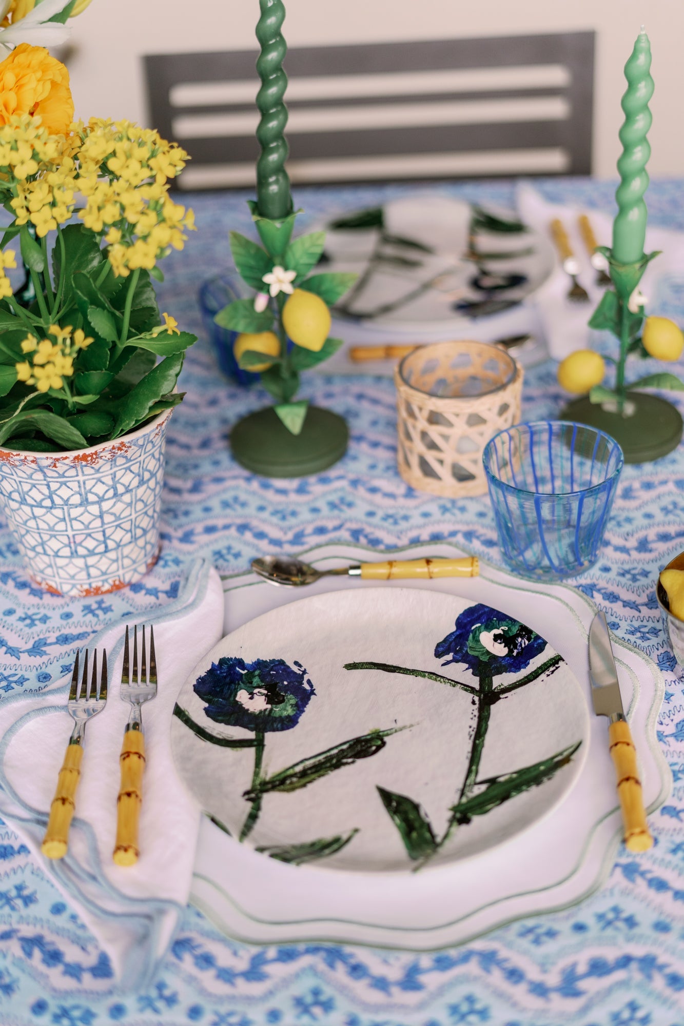 Posey china plates set, blue teal floral pattern, Erin Donahue Tice, set of 4 or 8 on Tampa Home & Garden Store