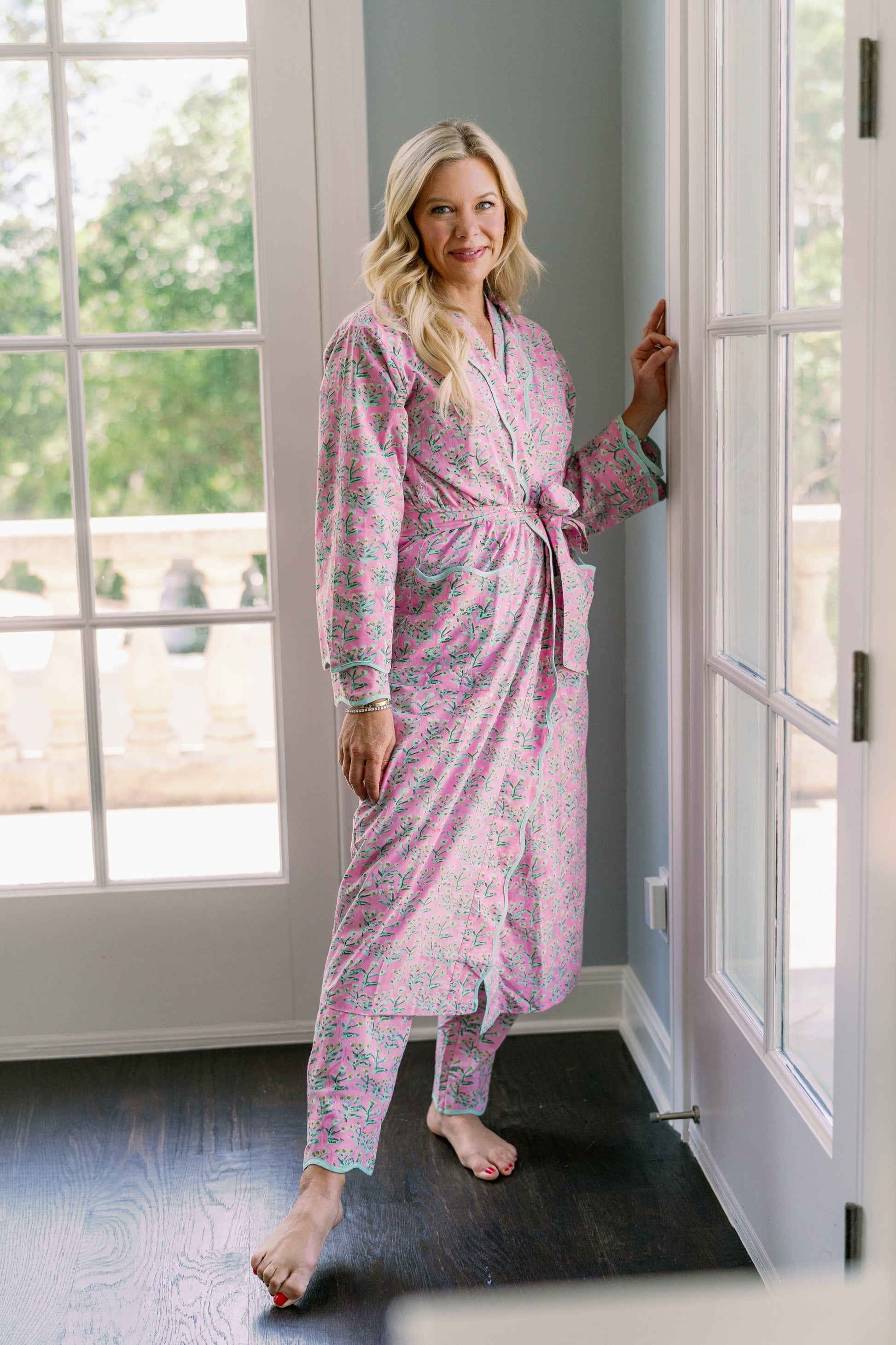 Adult Sydney Robe Tulip Pink wrap robe with belt and matching pants by Erin Donahue Tice on Tampa Home & Garden Store