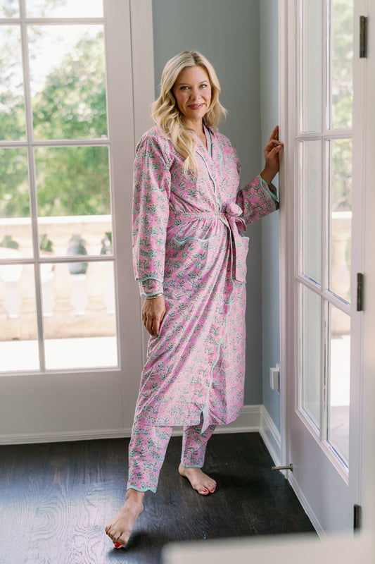 Adult Sydney Robe Tulip Pink wrap robe with belt and matching pants by Erin Donahue Tice on Tampa Home & Garden Store