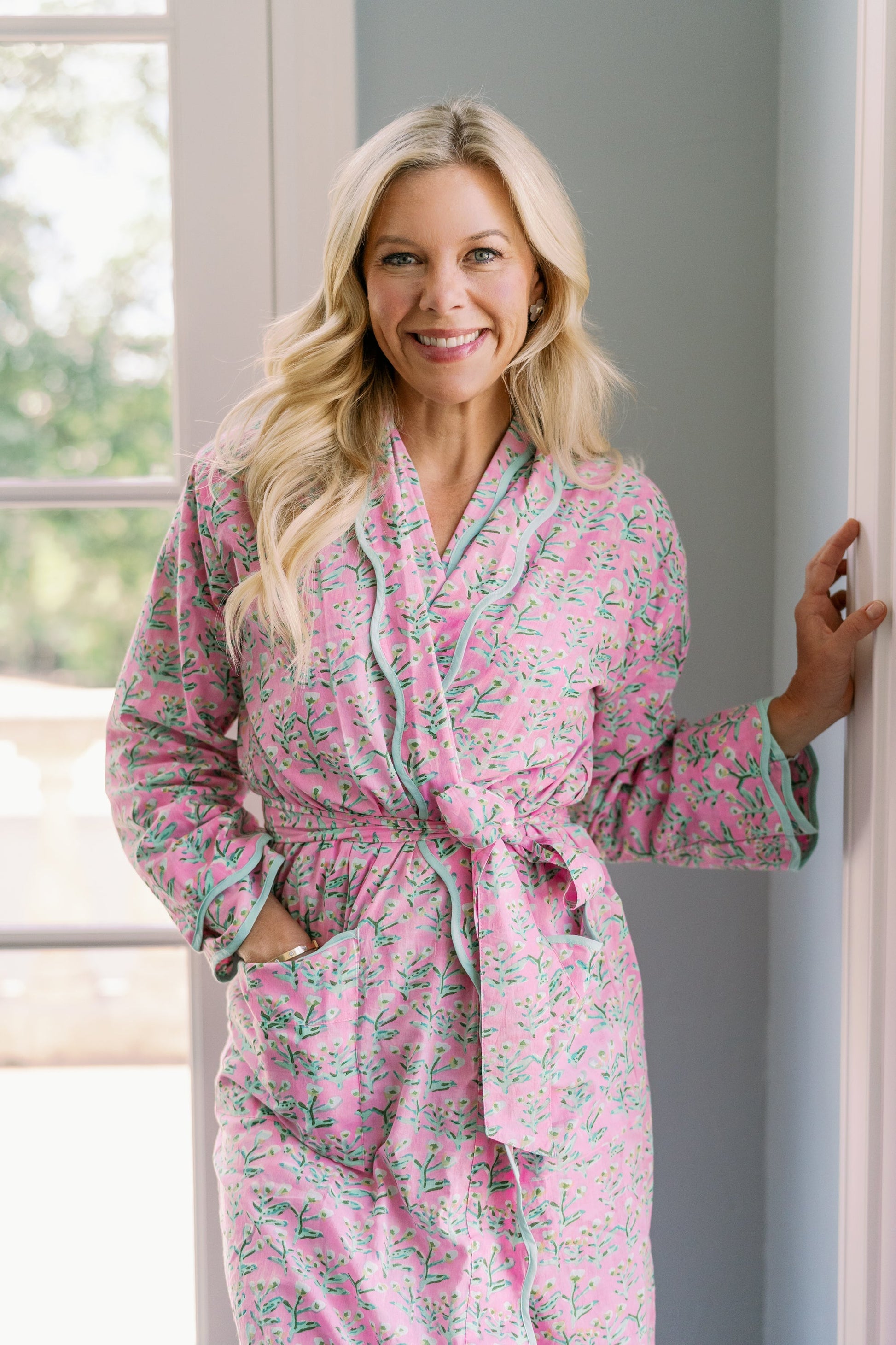 Adult Sydney Robe Tulip Pink by Erin Donahue Tice pink floral robe with mint piping belt on Tampa Home & Garden Store