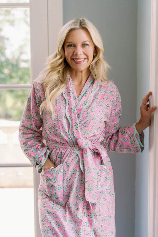Adult Sydney Robe Tulip Pink by Erin Donahue Tice pink floral robe with mint piping belt on Tampa Home & Garden Store