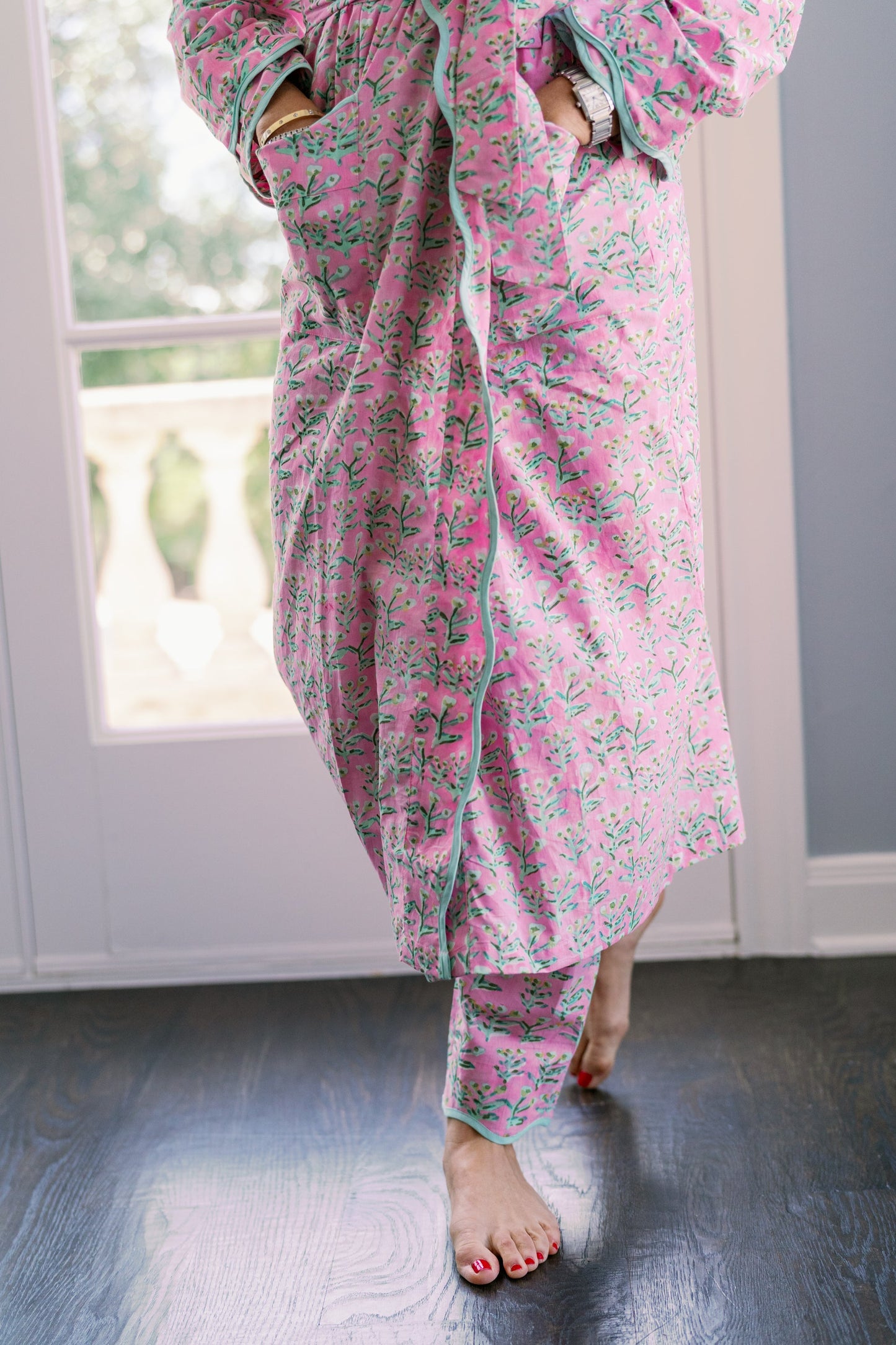 Adult Sydney Robe Tulip Pink by Erin Donahue Tice, pink floral with teal piping on Tampa Home & Garden Store