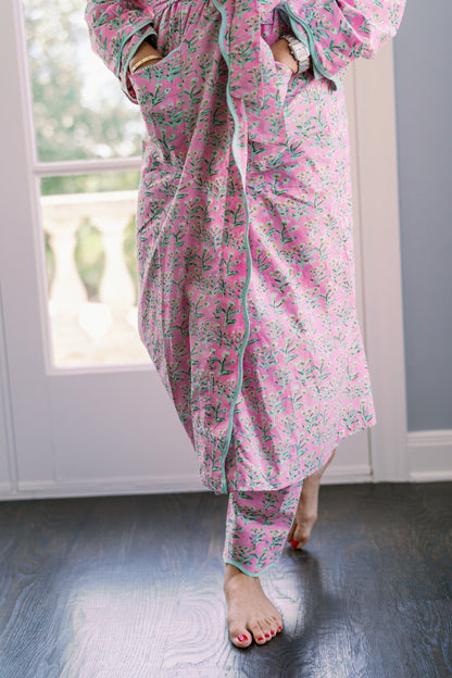 Adult Sydney Robe Tulip Pink by Erin Donahue Tice, pink floral with teal piping on Tampa Home & Garden Store