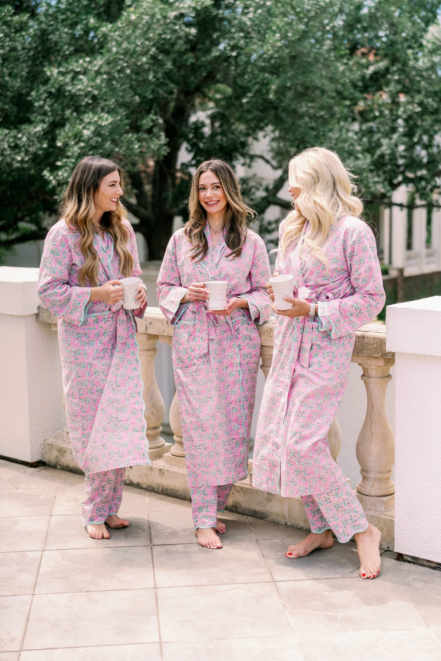 Adult Sydney Robe Tulip Pink by Erin Donahue Tice; three women in pink floral robes on Tampa Home & Garden Store