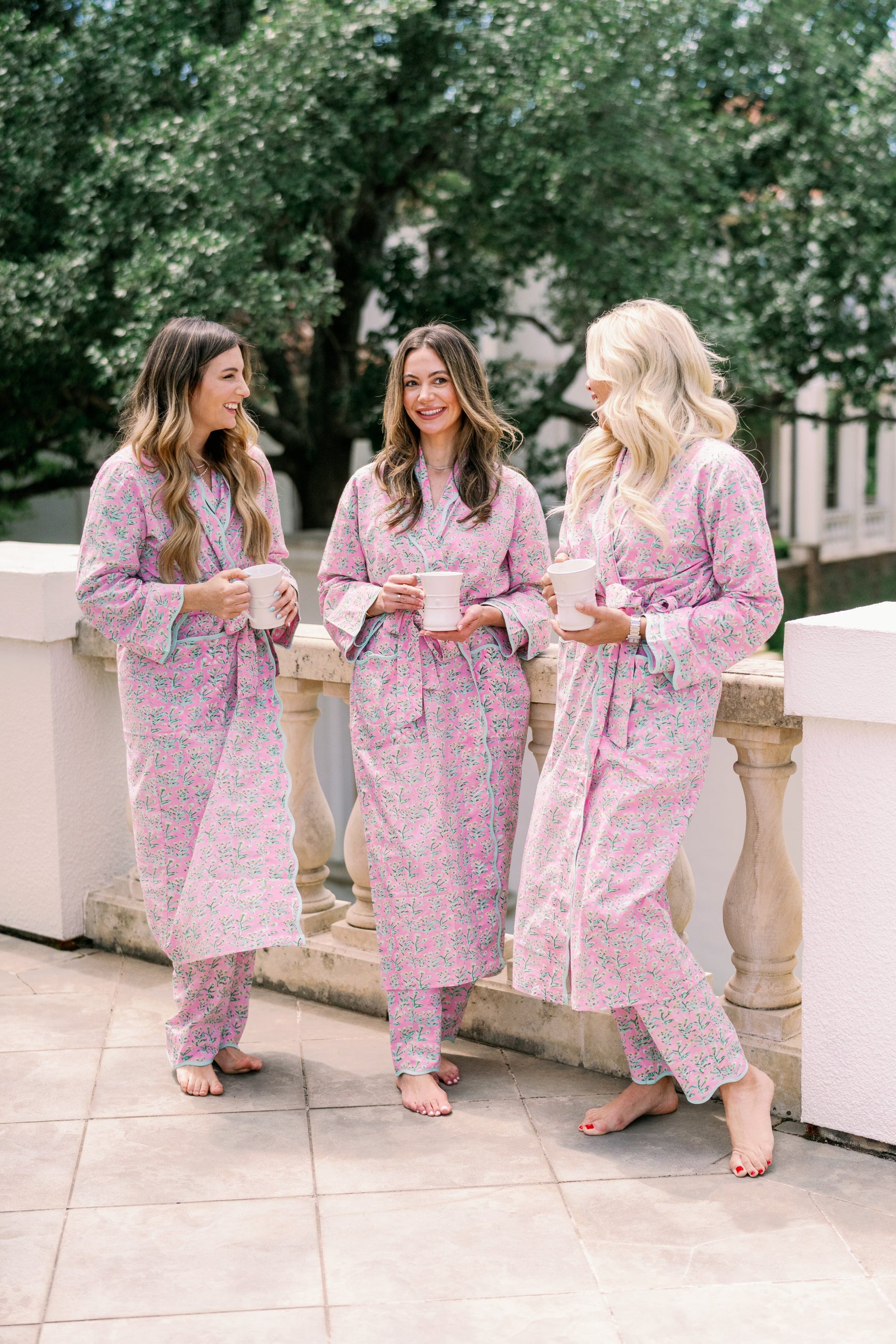 Adult Sydney Robe Tulip Pink by Erin Donahue Tice; three women in pink floral robes on Tampa Home & Garden Store