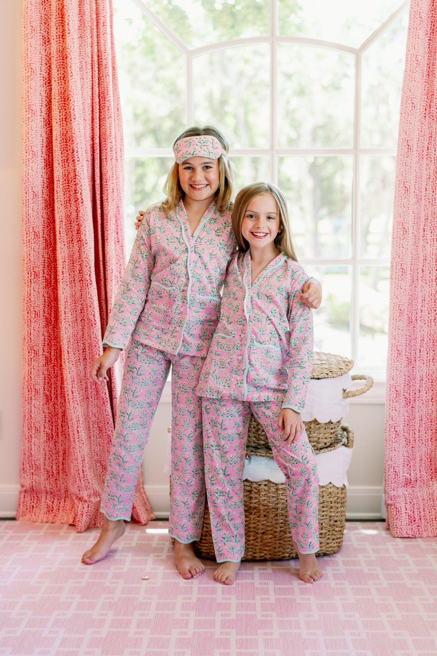Mini Sydney Pajama Tulip Pink kids' floral pajama set; two girls in matching pink pajamas on Tampa Home & Garden Store