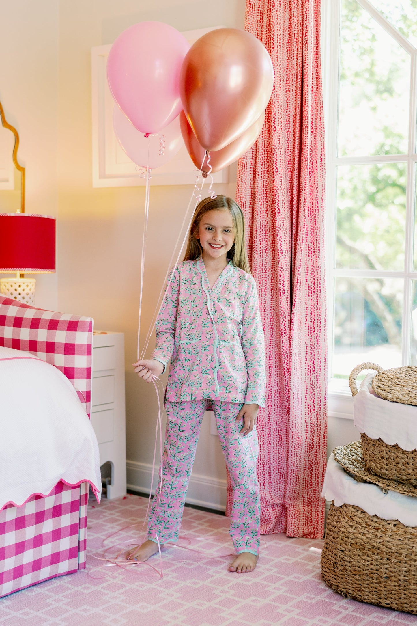 Mini Sydney Pajama Tulip Pink kids' set with pink floral print by Erin Donahue Tice on Tampa Home & Garden Store