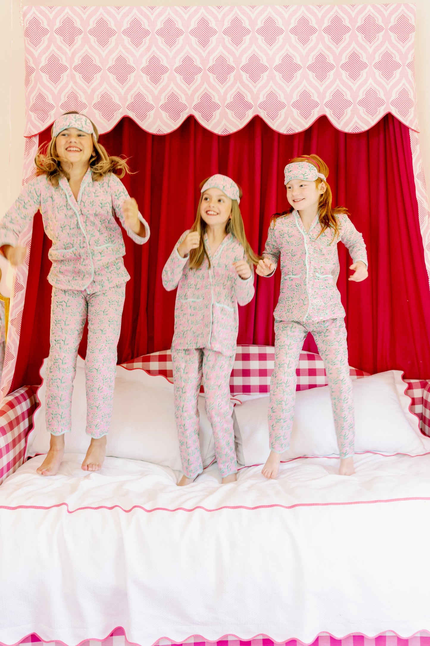 Mini Sydney Pajama set Tulip Pink kids' sleepwear; 3 girls in matching Erin Donahue Tice pjs on Tampa Home & Garden Store