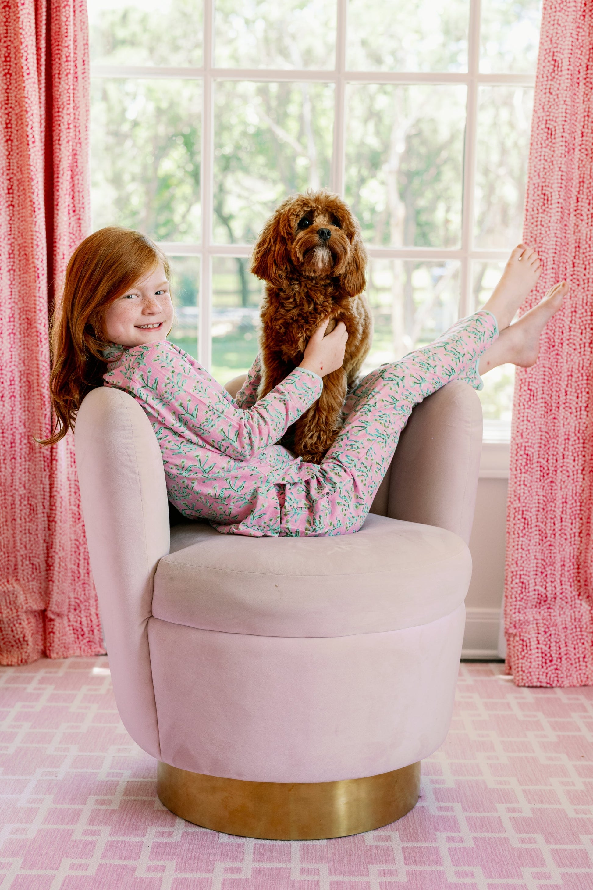 Mini Sydney Pajama Tulip Pink kids pajama set with floral print, girl with dog on Tampa Home & Garden Store