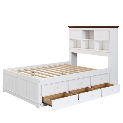 Solid Pine Captain Bookcase Bed with Trundle Bed and 3 Spacious Under Bed Drawers in Casual,Full, White+Walnut - Tampa Home & Garden Store
