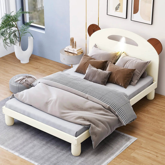 Twin size platform bed with Bear Ears Headboard in cream finish, modern bedroom with grey bedding and brown pillows on Tampa Home & Garden Store