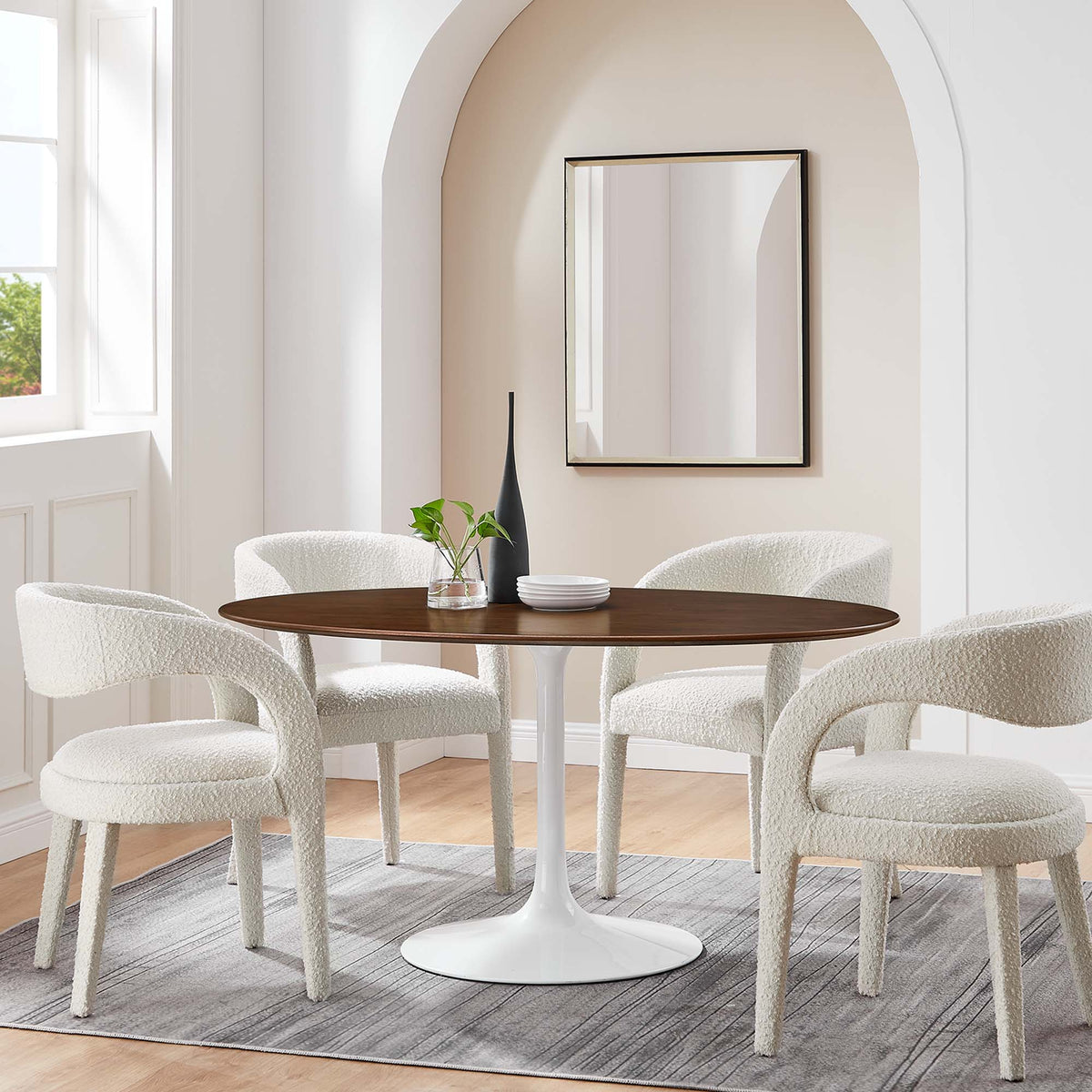 Lippa oval wood dining table by Modway with dark walnut top and pedestal base soft boucle chairs on Tampa Home & Garden Store