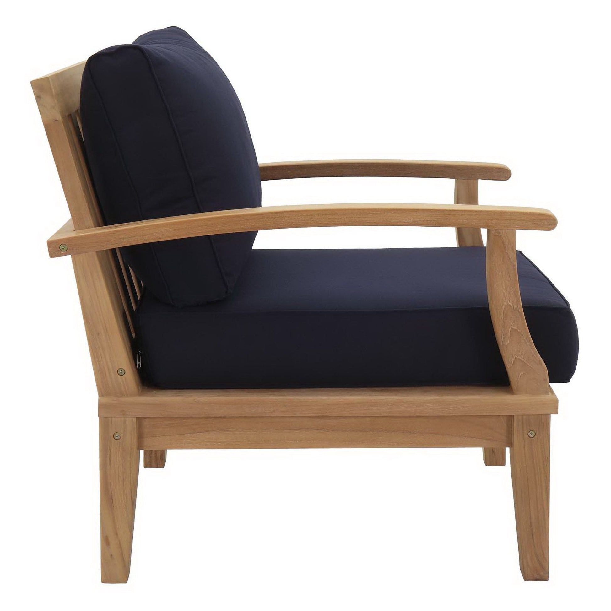 Marina outdoor teak armchair with navy cushions and curved wooden arms by Modway on Tampa Home & Garden Store