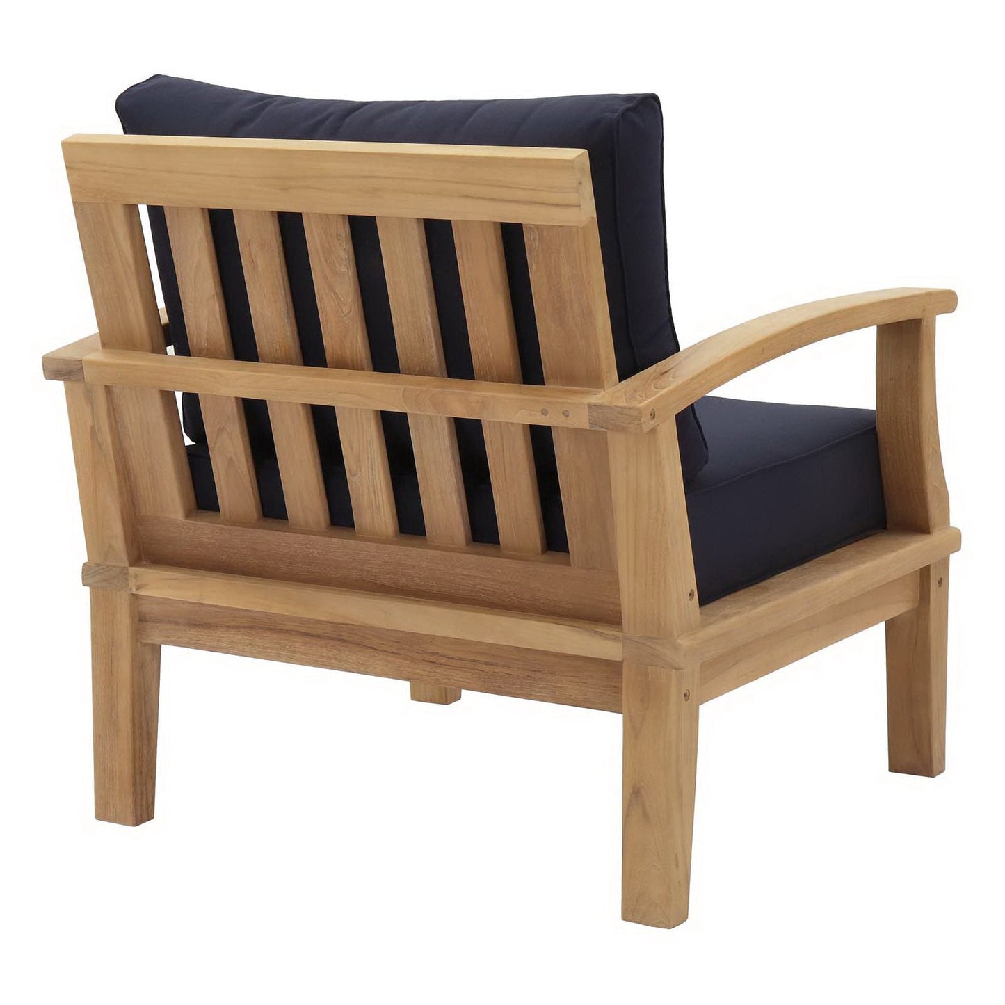 Marina Outdoor Patio Teak Armchair with navy cushion and slatted back in natural wood finish on Tampa Home & Garden Store