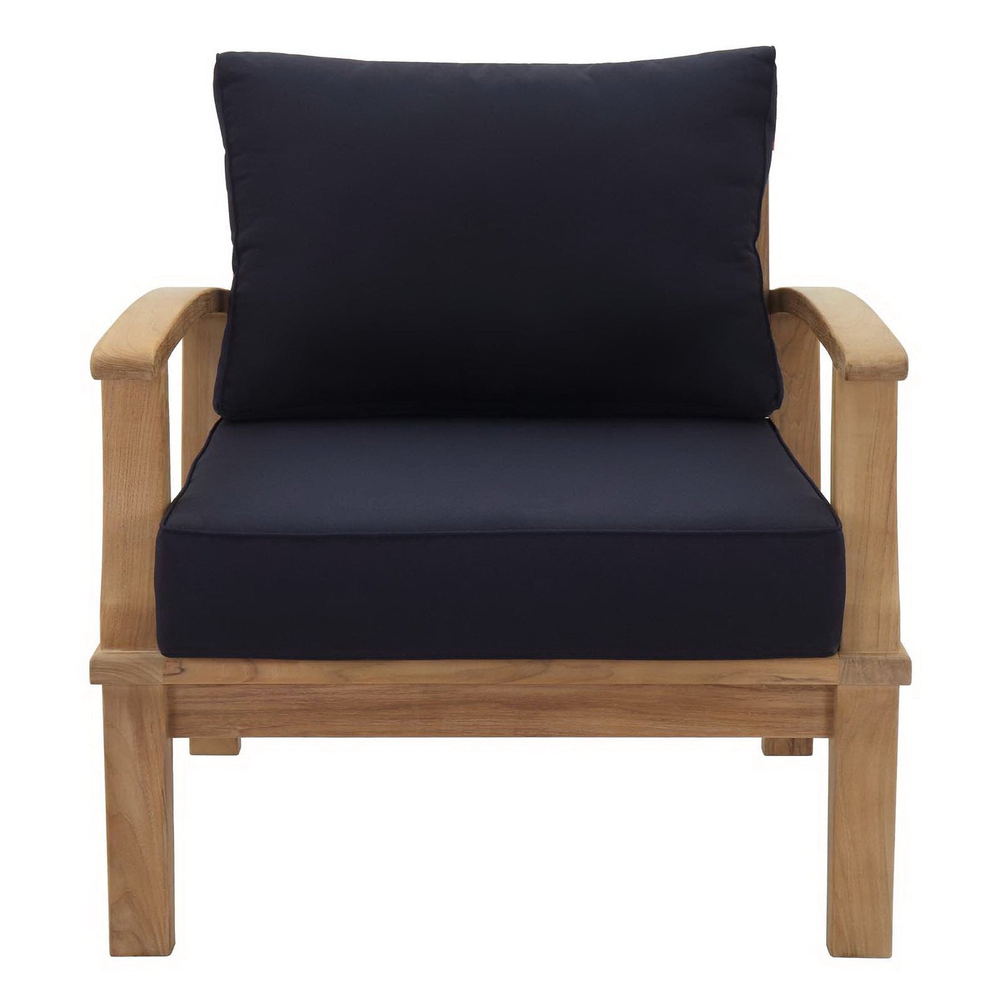 Marina outdoor teak armchair with navy cushions by Modway, wooden frame on Tampa Home & Garden Store