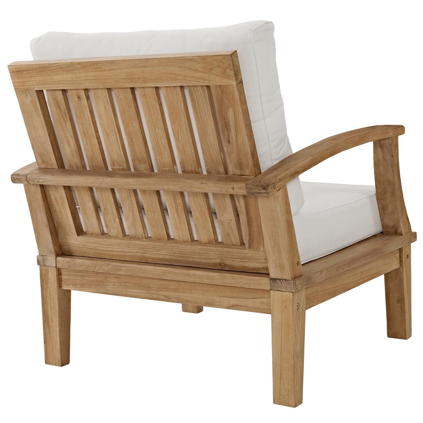 Marina Outdoor Patio Teak Armchair with slatted back and white cushion on Tampa Home & Garden Store