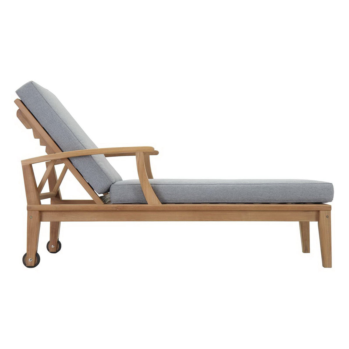 Marina outdoor teak single chaise lounge by Modway with gray cushions and caster wheels on Tampa Home & Garden Store