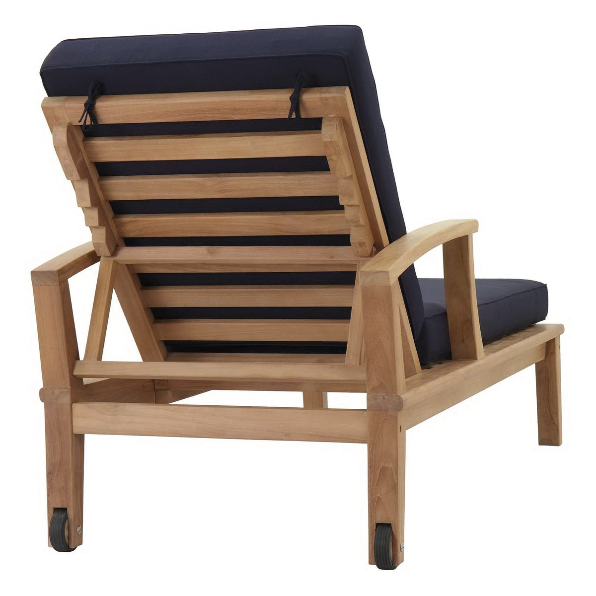 Marina teak outdoor single chaise lounge with navy cushion on Tampa Home & Garden Store