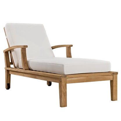 Marina outdoor teak single chaise lounge with white cushions and caster wheels on Tampa Home & Garden Store