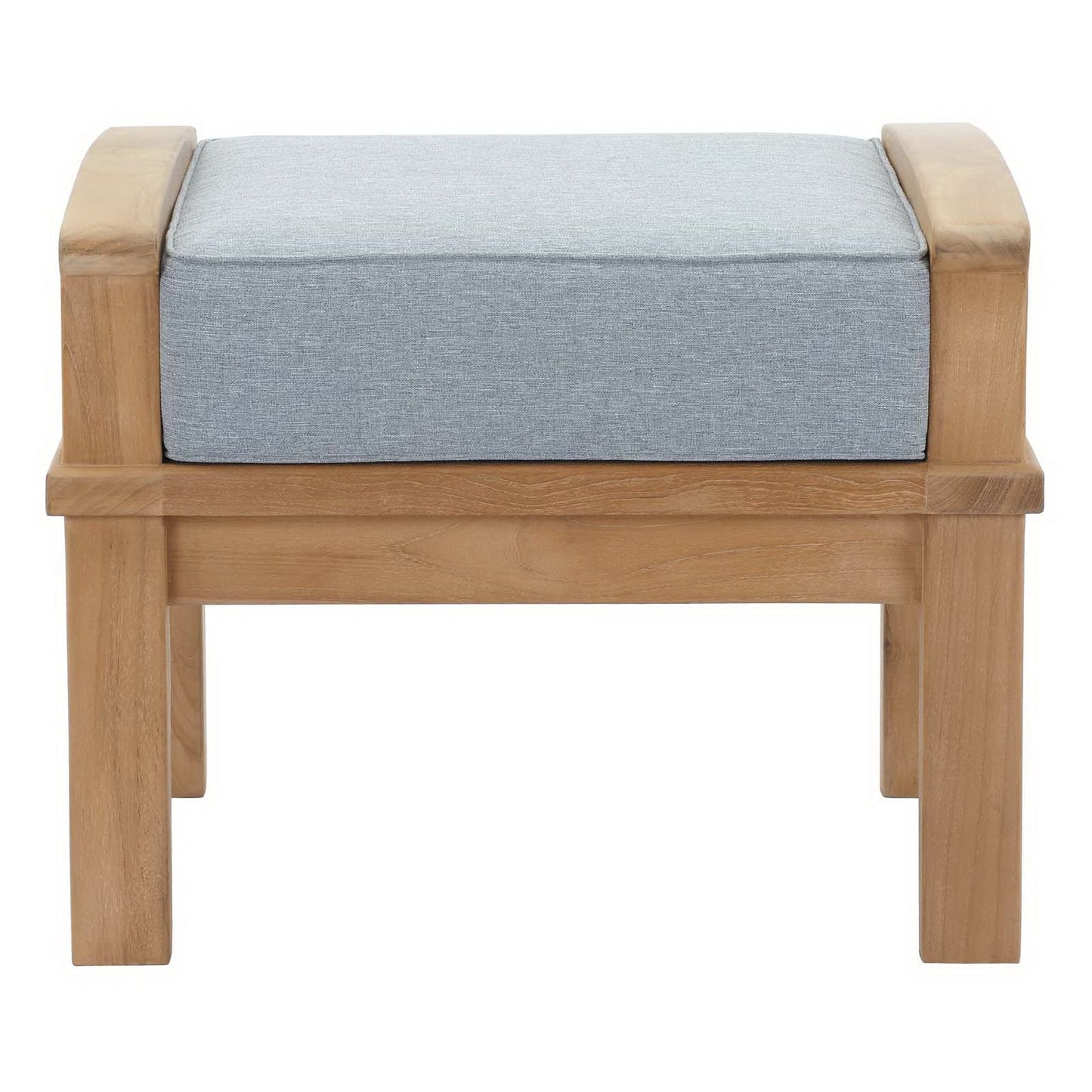 Marina outdoor teak ottoman with light gray cushion on a solid teak frame on Tampa Home & Garden Store