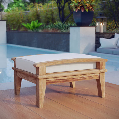 Marina Outdoor Patio Teak Ottoman by Modway with white cushion on natural teak frame poolside on Tampa Home & Garden Store