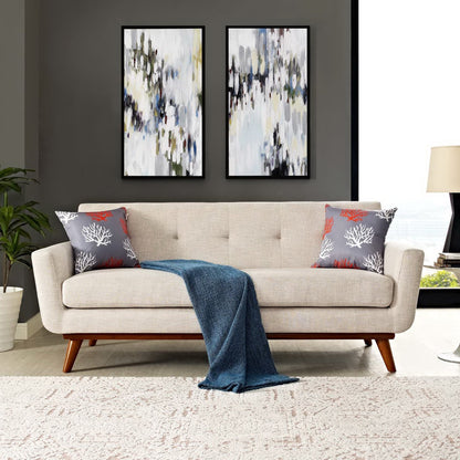 Engage upholstered fabric loveseat by Modway, beige with wooden legs, coral pillows on Tampa Home & Garden Store