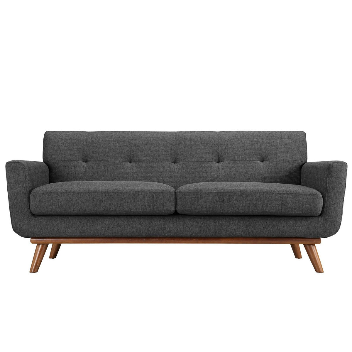 Engage upholstered fabric loveseat in dark gray with wooden legs on Tampa Home & Garden Store