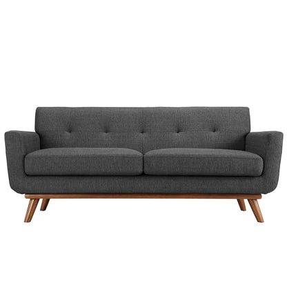 Engage upholstered fabric loveseat in dark gray with wooden legs on Tampa Home & Garden Store