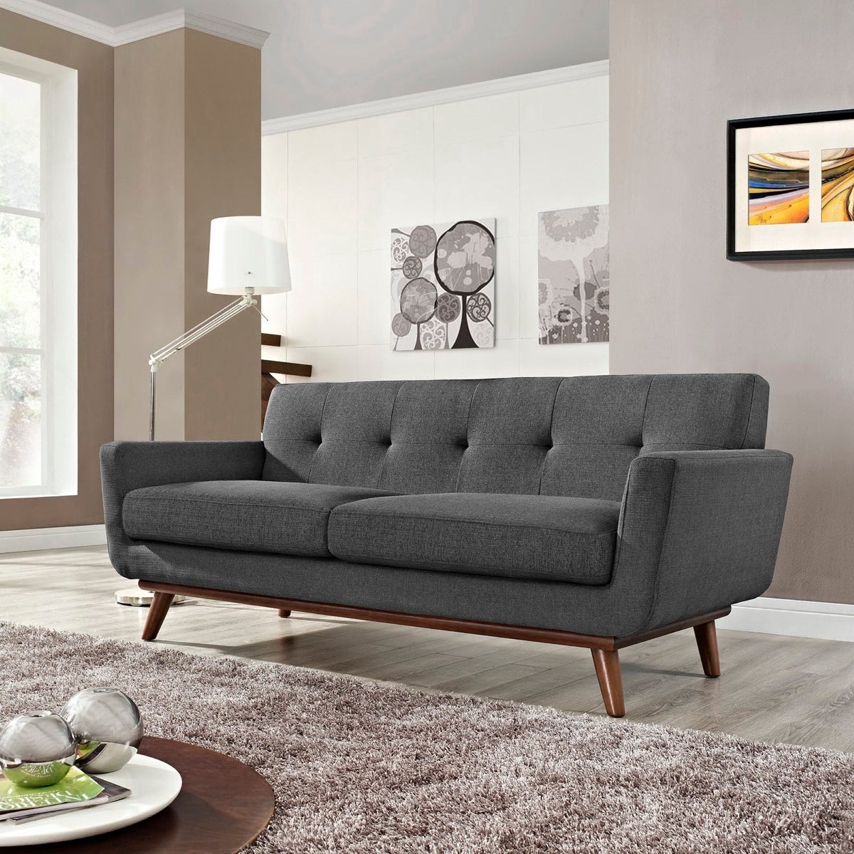 Engage Upholstered Loveseat by Modway in dark gray fabric with tufted cushions and legs on Tampa Home & Garden Store