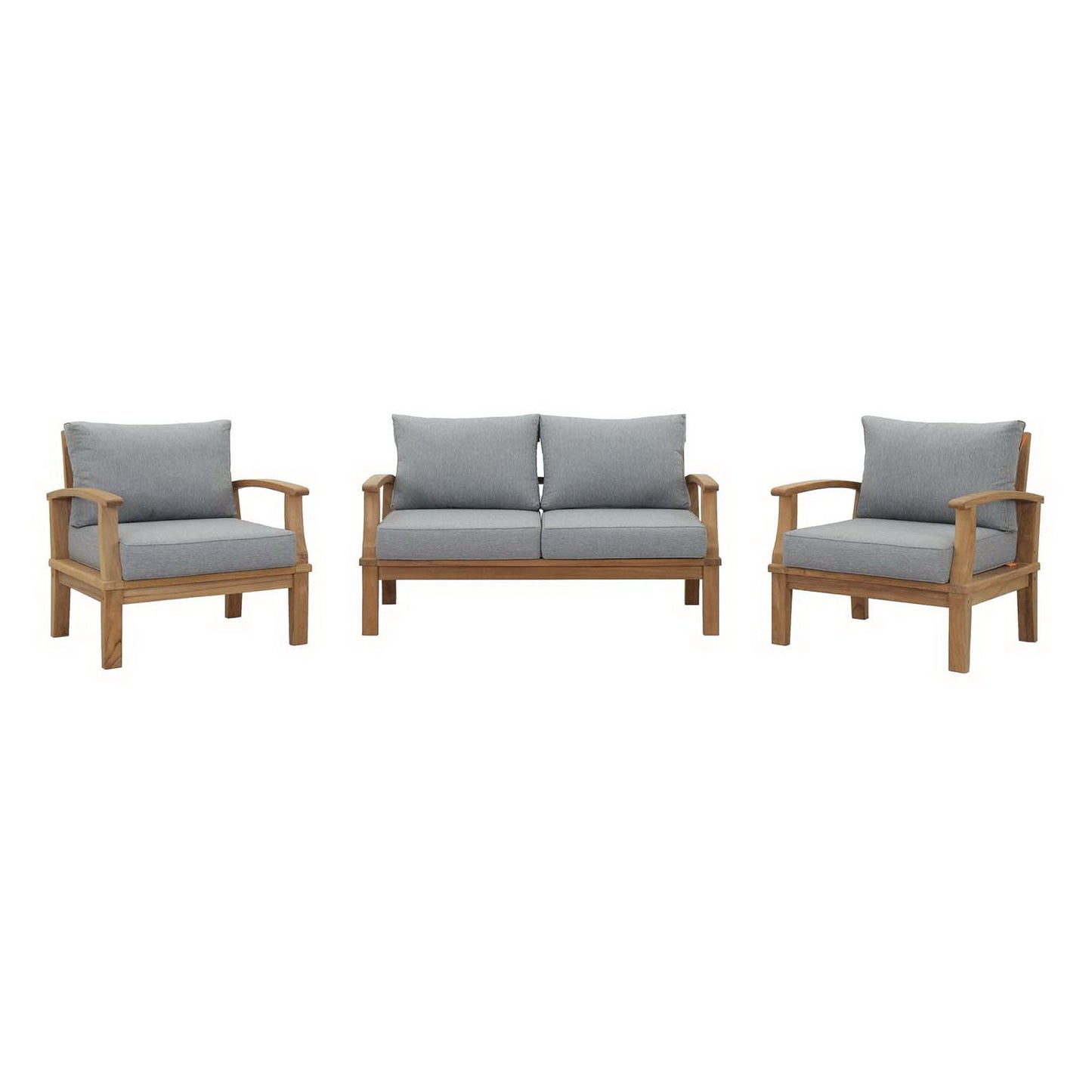 Marina 3 piece outdoor teak set with gray cushions; two chairs and a loveseat on Tampa Home & Garden Store