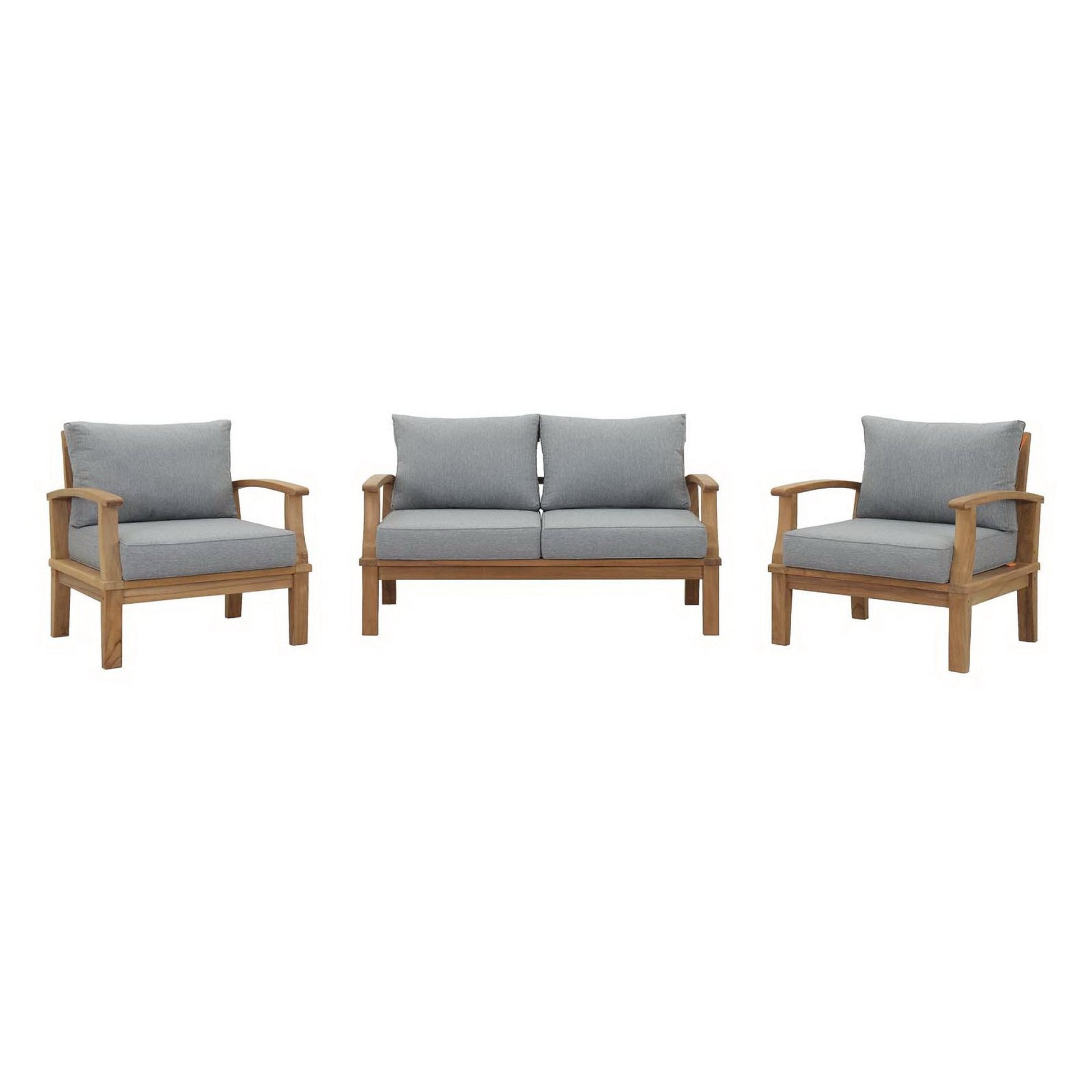 Marina 3 piece outdoor teak set with gray cushions; two chairs and a loveseat on Tampa Home & Garden Store