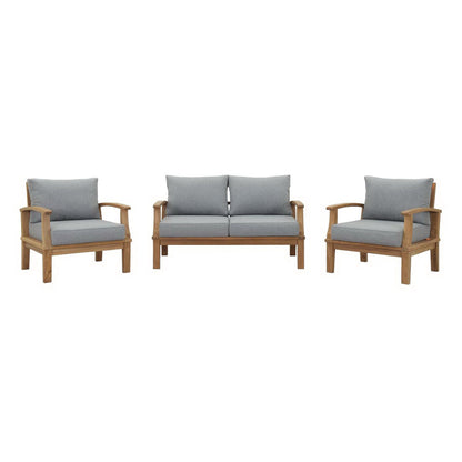 Marina 3 piece outdoor teak set with gray cushions; two chairs and a loveseat on Tampa Home & Garden Store
