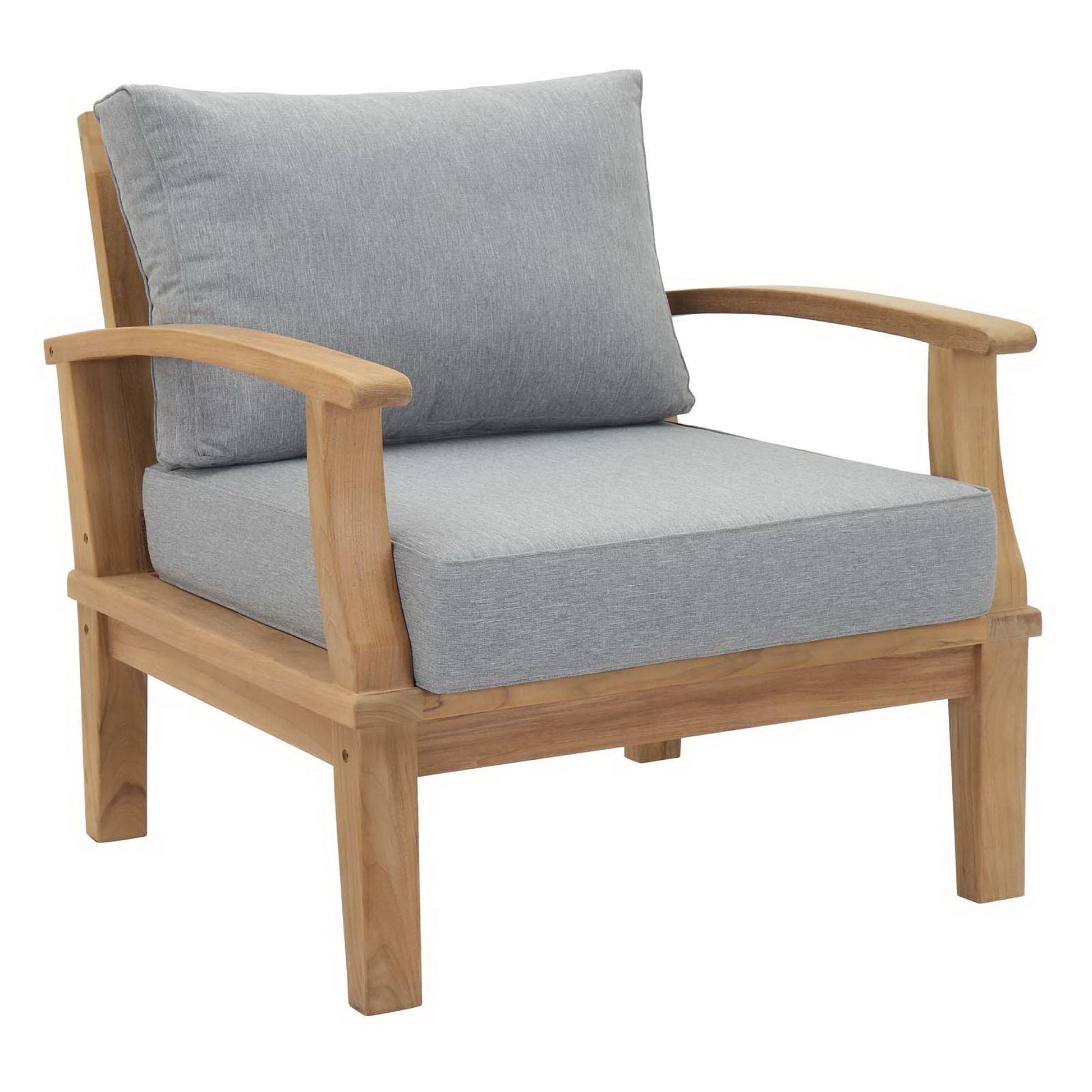 Marina 3 Piece Outdoor Teak Set chair by HouseOfZazla with gray cushions on Tampa Home & Garden Store