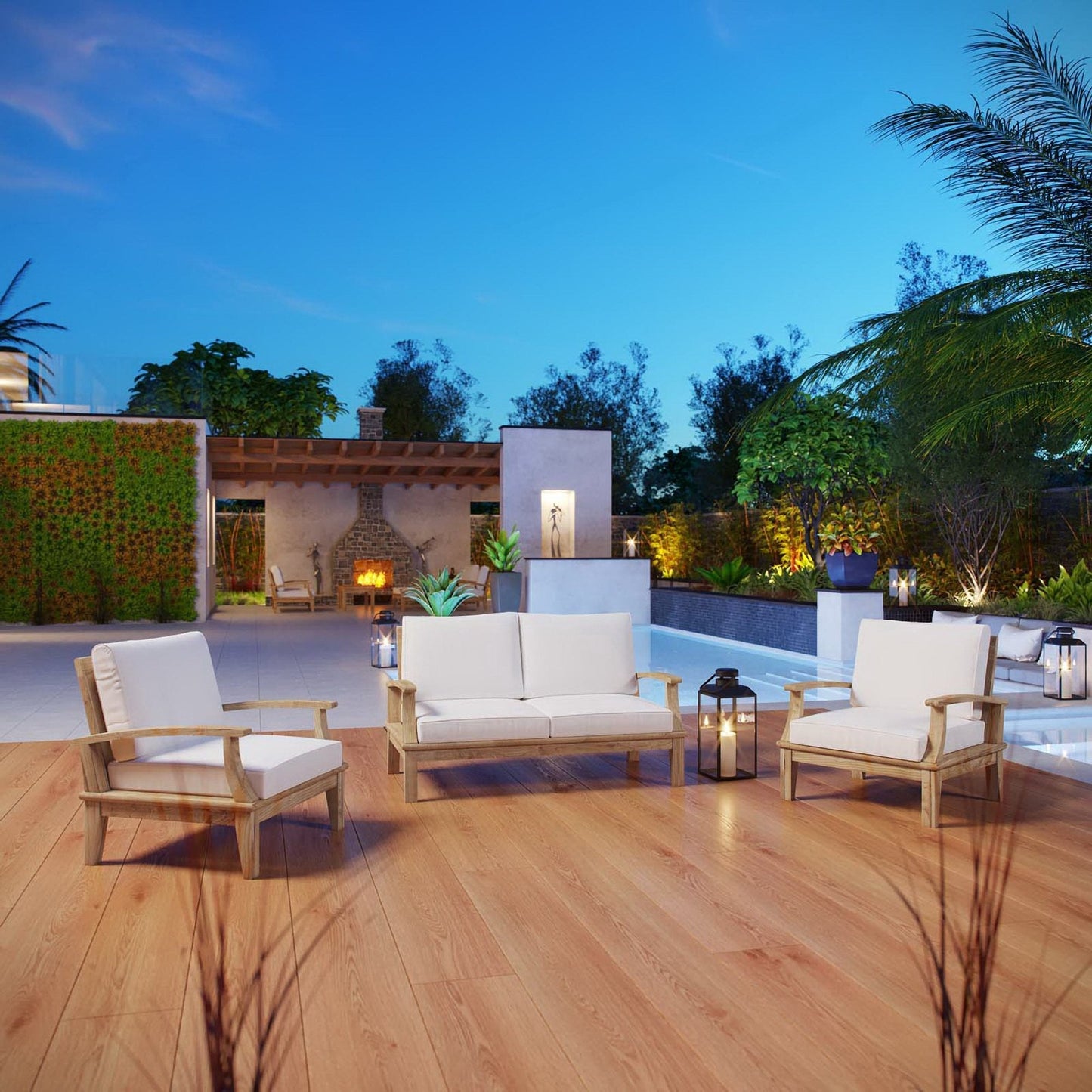 Marina 3 Piece Outdoor Teak Patio Set by Modway with cream cushions for modern backyard on Tampa Home & Garden Store