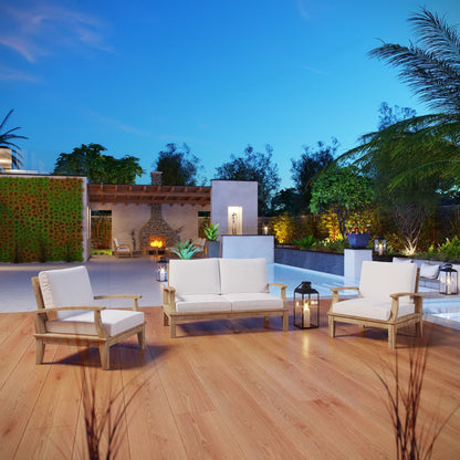 Marina 3 Piece Outdoor Teak Patio Set by Modway with cream cushions for modern backyard on Tampa Home & Garden Store