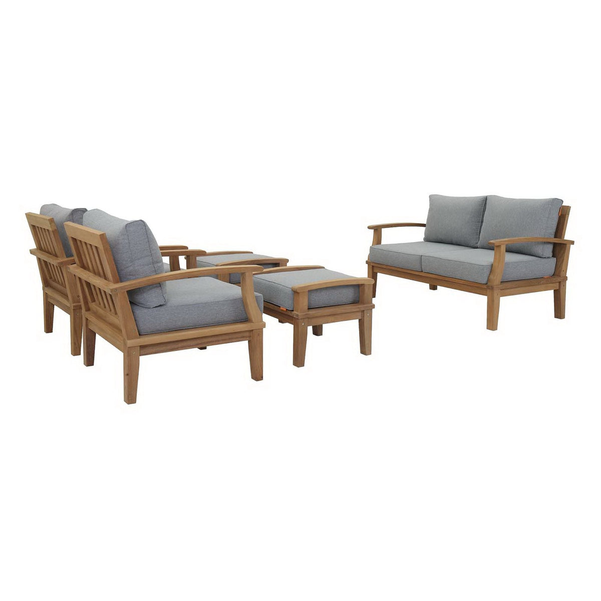 Marina 5-Piece Outdoor Teak Set with natural gray cushions; two armchairs and loveseat on Tampa Home & Garden Store