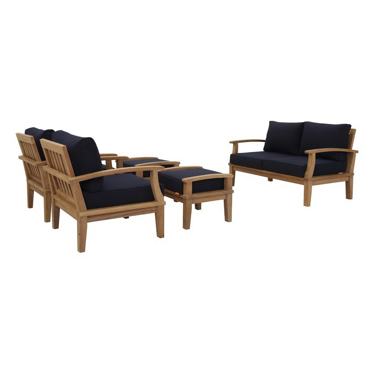 Modway Marina 5-Piece Outdoor Teak Set with navy cushions on natural teak frames on Tampa Home & Garden Store