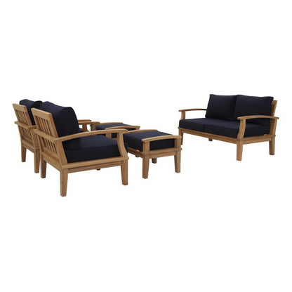 Modway Marina 5-Piece Outdoor Teak Set with navy cushions on natural teak frames on Tampa Home & Garden Store