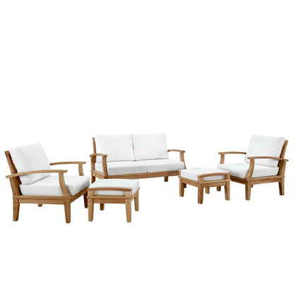 Marina 5-Piece outdoor teak set with white cushions in natural finish on Tampa Home & Garden Store