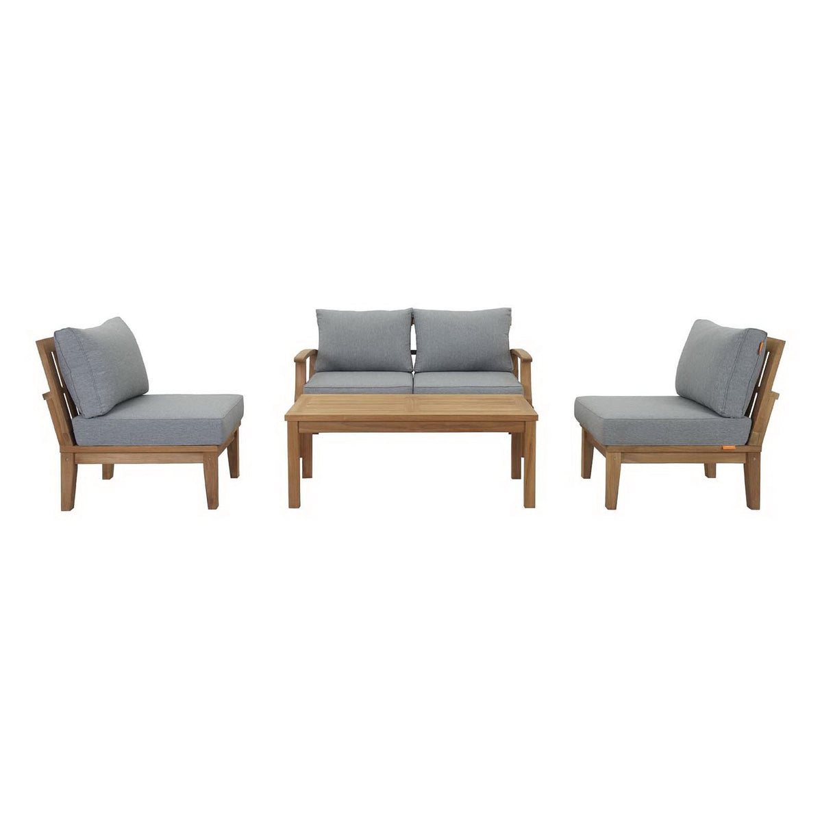 Marina 4-piece outdoor teak seating set by Modway with gray cushions and teak coffee table on Tampa Home & Garden Store