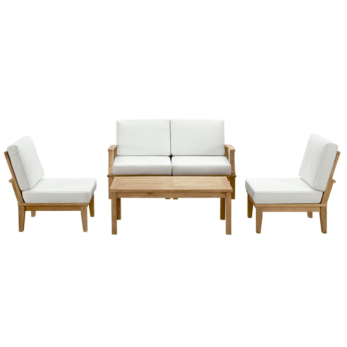 Marina 5 Piece Outdoor Teak Set by HouseOfZazla with white cushions and teak frame on Tampa Home & Garden Store