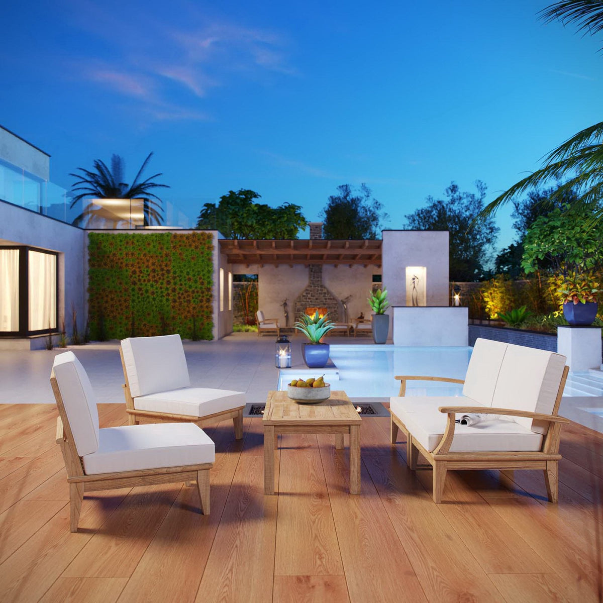 Marina 5-Piece Outdoor Teak Patio Set by Modway with white cushions and natural teak frames on Tampa Home & Garden Store