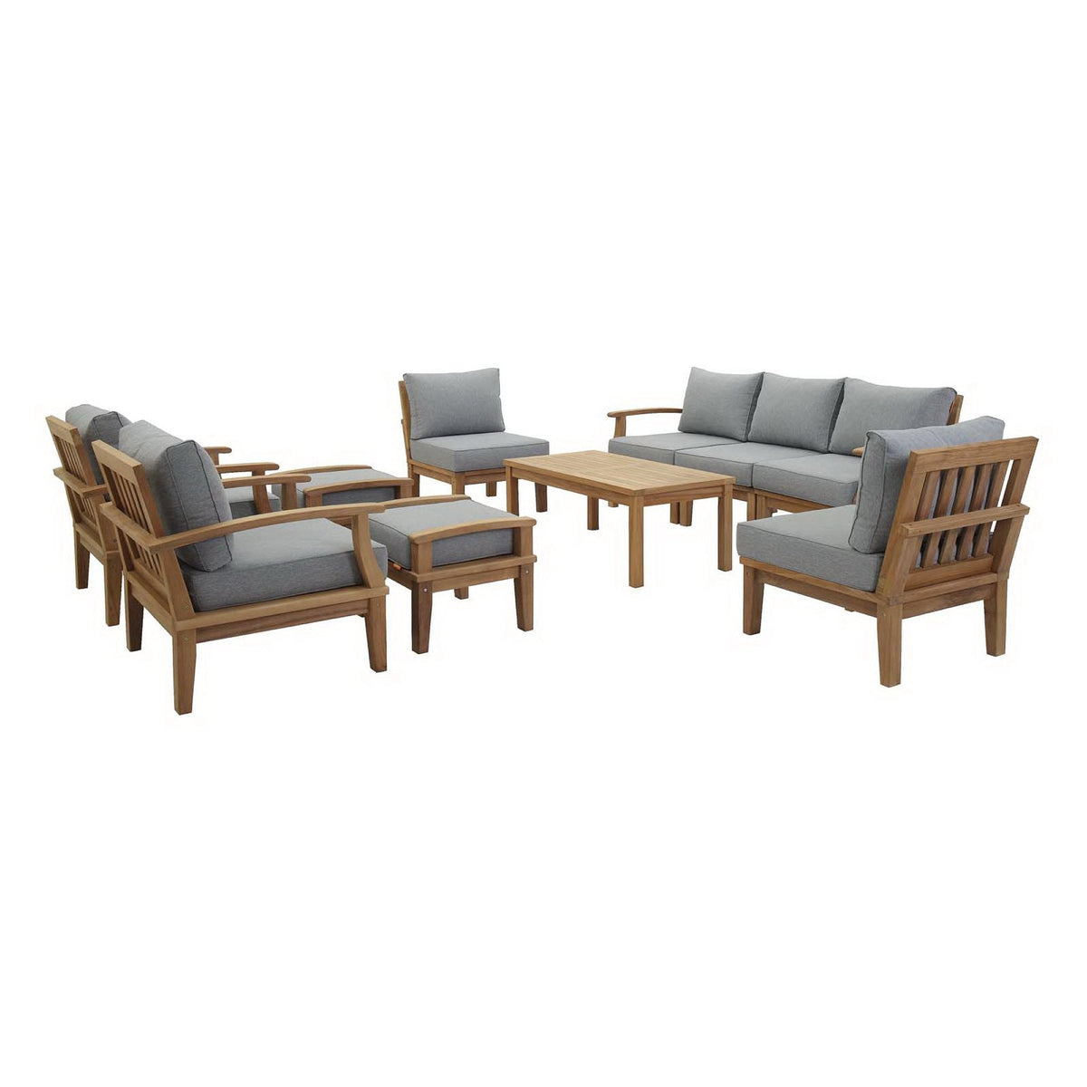 Marina 10 Piece Outdoor Teak Set by Modway with gray cushions; teak frame and seating on Tampa Home & Garden Store