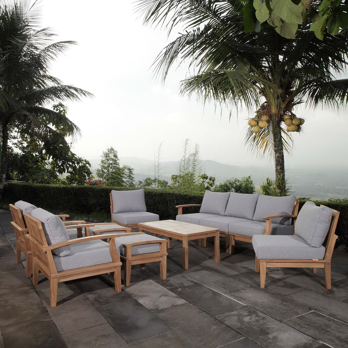 Modway Marina teak 10-piece outdoor sofa set with light gray cushions and coffee table on patio on Tampa Home & Garden Store