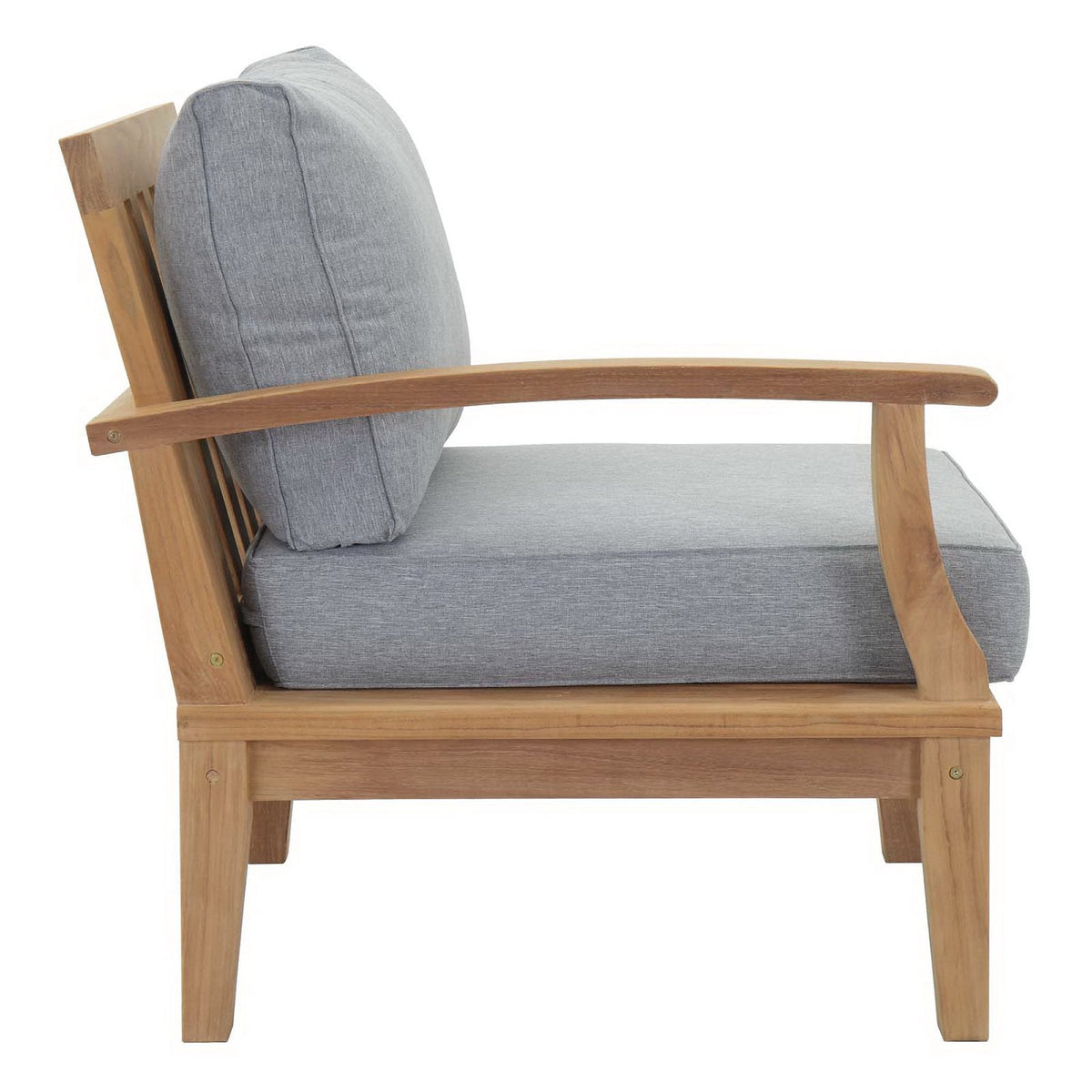 Marina outdoor teak armchair with gray cushion and natural wood frame on Tampa Home & Garden Store